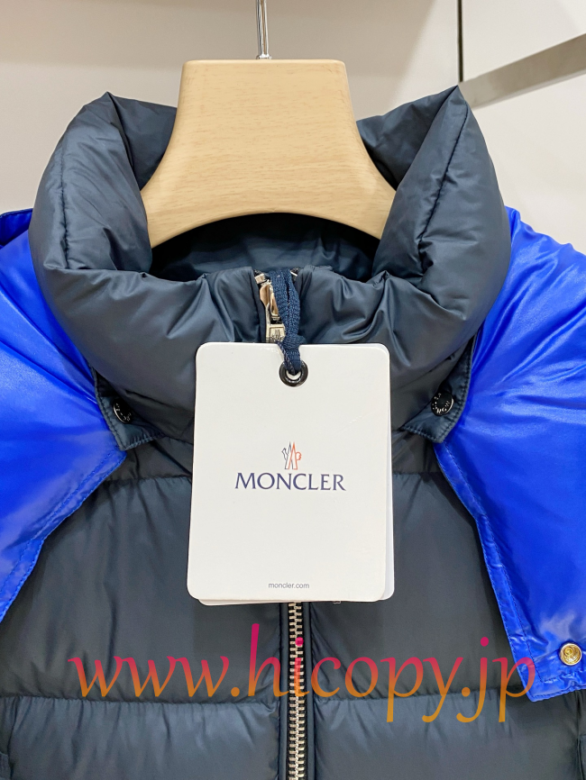 モンクレール Moncler コントラストカラー取り外し可能フード付きダウンジャケット ネイビー 男女兼用 hicopymn010