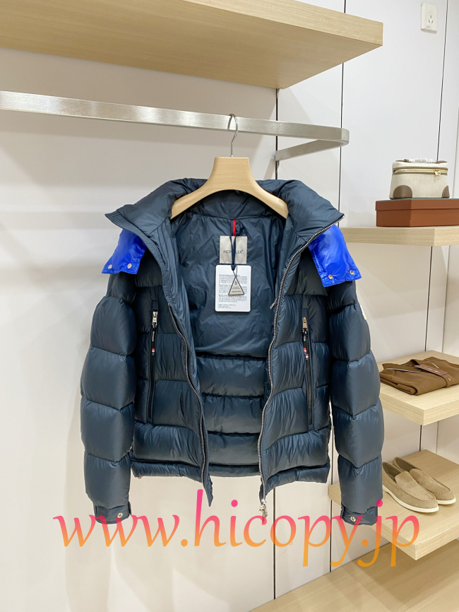 モンクレール Moncler コントラストカラー取り外し可能フード付きダウンジャケット ネイビー 男女兼用 hicopymn010