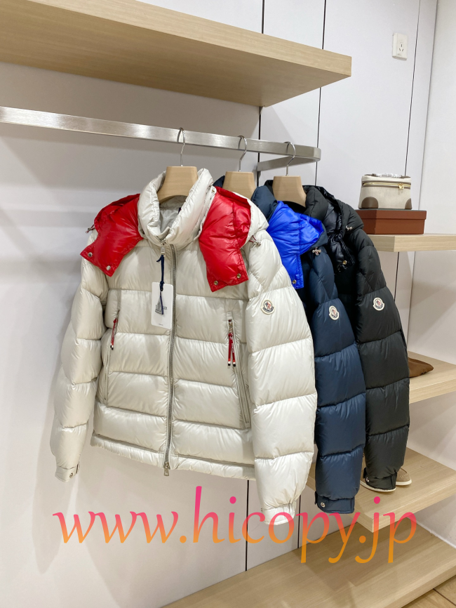 モンクレール Moncler コントラストカラー取り外し可能フード付きダウンジャケット ネイビー 男女兼用 hicopymn010
