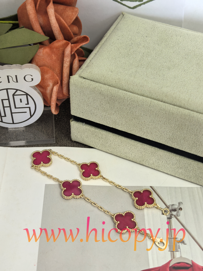 【Van Cleef & Arpels】ヴァンクリーフ＆アーペル アルハンブラ 5モティーフ ブレスレット バブルピンク ガラスカルセドニー ゴールド 新P1対版級