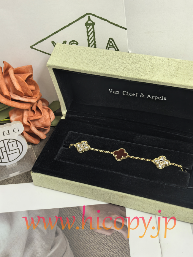 【Van Cleef & Arpels】ヴァンクリーフ＆アーペル アルハンブラ 5モティーフ ブレスレット カーネリアン＆ダイヤモンド ゴールド 新P1対版級