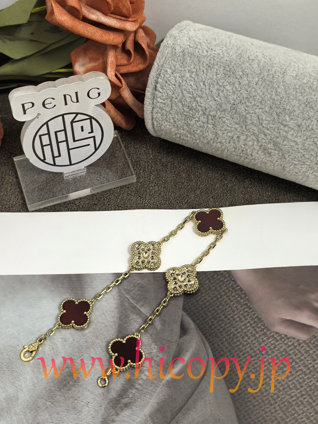 【Van Cleef & Arpels】ヴァンクリーフ＆アーペル アルハンブラ 5モティーフ ブレスレット カーネリアン＆ダイヤモンド ゴールド 新P1対版級