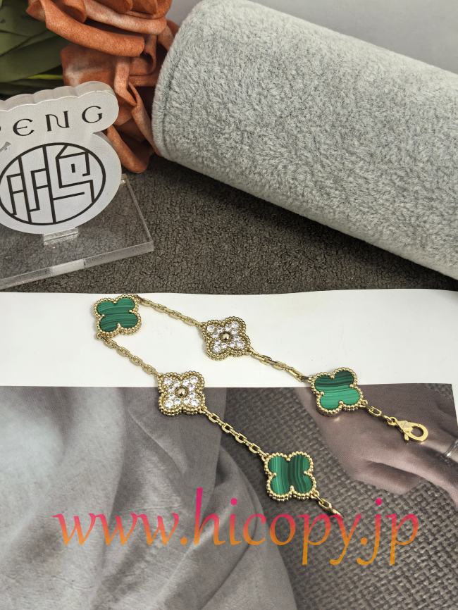【Van Cleef & Arpels】ヴァンクリーフ＆アーペル アルハンブラ 5モティーフ ブレスレット マラカイト＆ダイヤモンド ゴールド 新P1対版級
