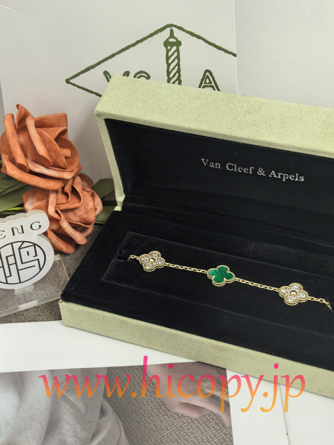 【Van Cleef & Arpels】ヴァンクリーフ＆アーペル アルハンブラ 5モティーフ ブレスレット マラカイト＆ダイヤモンド ゴールド 新P1対版級