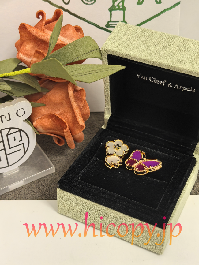 【Van Cleef & Arpels】ヴァンクリーフ＆アーペル フルイ バタフライ リング 紫玉髄＆マザーオブパール ゴールド 升级款（市場頂級）