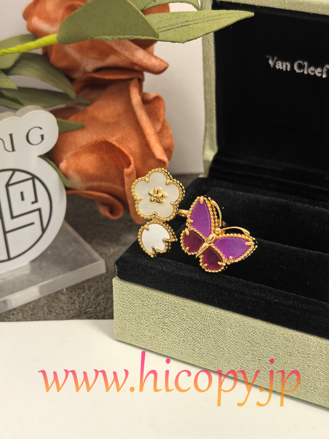 【Van Cleef & Arpels】ヴァンクリーフ＆アーペル フルイ バタフライ リング 紫玉髄＆マザーオブパール ゴールド 升级款（市場頂級）