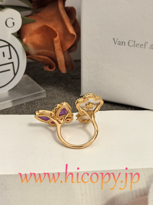 【Van Cleef & Arpels】ヴァンクリーフ＆アーペル フルイ バタフライ リング 紫玉髄＆マザーオブパール ゴールド 升级款（市場頂級）