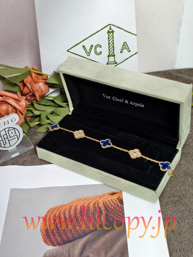 【Van Cleef & Arpels】ヴァンクリーフ＆アーペル アルハンブラ 5モティーフ ブレスレット ブルーカルセドニー＆ダイヤモンド ゴールド 対版貨