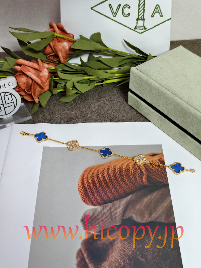 【Van Cleef & Arpels】ヴァンクリーフ＆アーペル アルハンブラ 5モティーフ ブレスレット ブルーカルセドニー＆ダイヤモンド ゴールド 対版貨