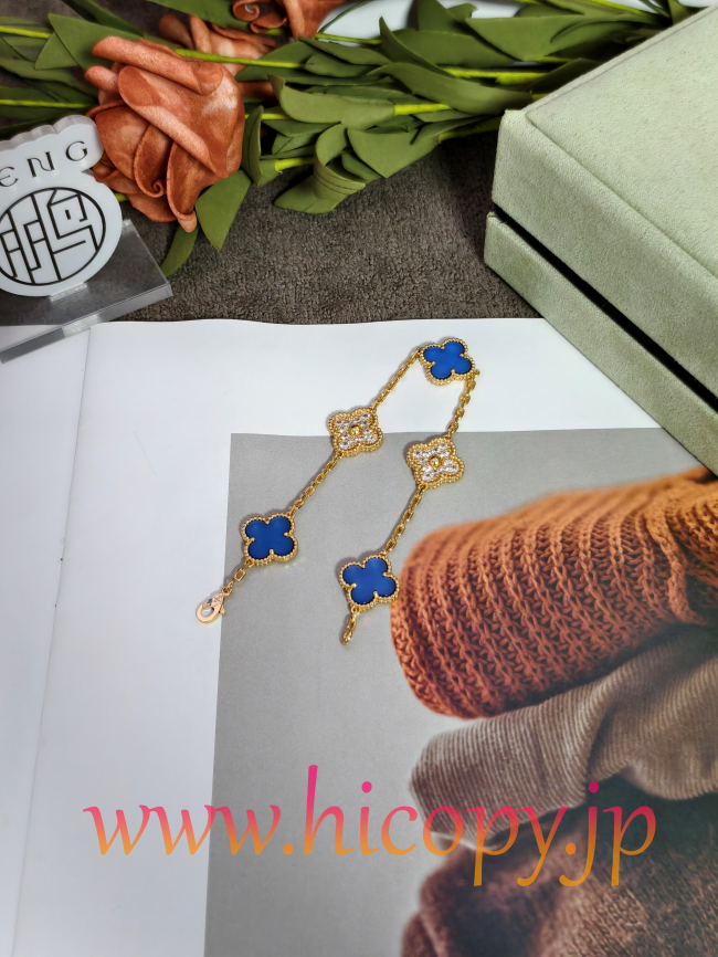 【Van Cleef & Arpels】ヴァンクリーフ＆アーペル アルハンブラ 5モティーフ ブレスレット ブルーカルセドニー＆ダイヤモンド ゴールド 対版貨