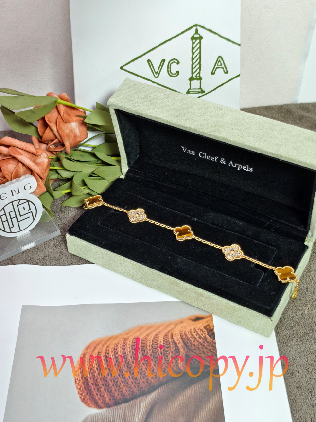 【Van Cleef & Arpels】ヴァンクリーフ＆アーペル アルハンブラ 5モティーフ ブレスレット 虎目石＆ダイヤモンド ゴールド 対版貨