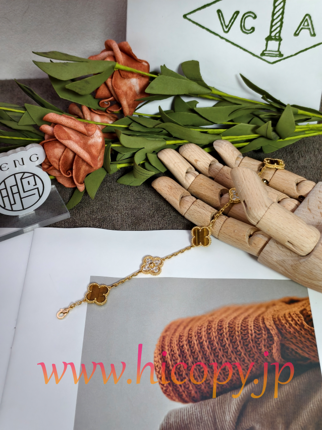 【Van Cleef & Arpels】ヴァンクリーフ＆アーペル アルハンブラ 5モティーフ ブレスレット 虎目石＆ダイヤモンド ゴールド 対版貨