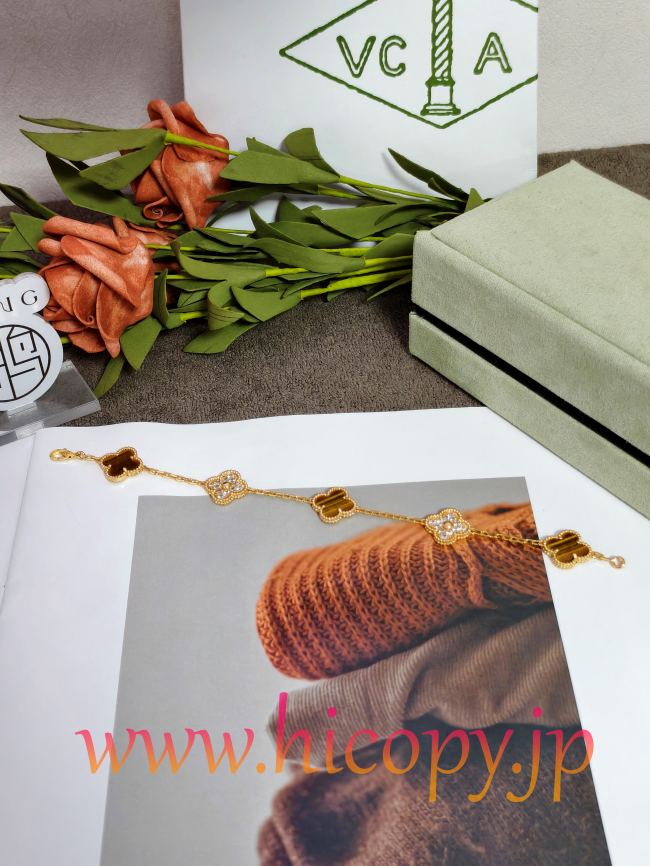 【Van Cleef & Arpels】ヴァンクリーフ＆アーペル アルハンブラ 5モティーフ ブレスレット 虎目石＆ダイヤモンド ゴールド 対版貨