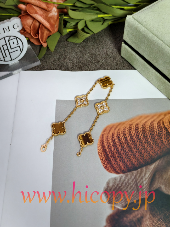 【Van Cleef & Arpels】ヴァンクリーフ＆アーペル アルハンブラ 5モティーフ ブレスレット 虎目石＆ダイヤモンド ゴールド 対版貨