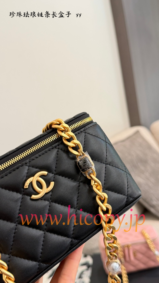 【CHANEL】シャネル ヴィンテージスタイル ボックス型 バニティケース 黒 ラムスキン エナメル＆パール チェーンストラップ 鏡付き 2WAYショルダーバッグ AP2199B24565UC160