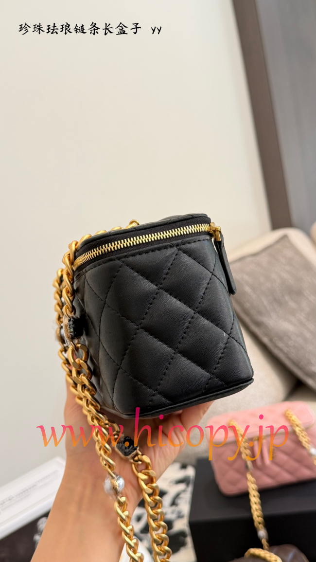 【CHANEL】シャネル ヴィンテージスタイル ボックス型 バニティケース 黒 ラムスキン エナメル＆パール チェーンストラップ 鏡付き 2WAYショルダーバッグ AP2199B24565UC160