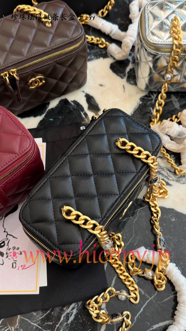 【CHANEL】シャネル ヴィンテージスタイル ボックス型 バニティケース 黒 ラムスキン エナメル＆パール チェーンストラップ 鏡付き 2WAYショルダーバッグ AP2199B24565UC160
