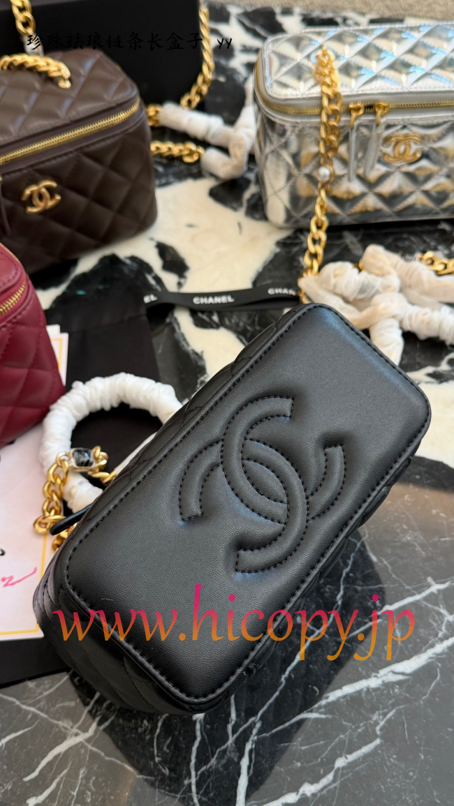 【CHANEL】シャネル ヴィンテージスタイル ボックス型 バニティケース 黒 ラムスキン エナメル＆パール チェーンストラップ 鏡付き 2WAYショルダーバッグ AP2199B24565UC160