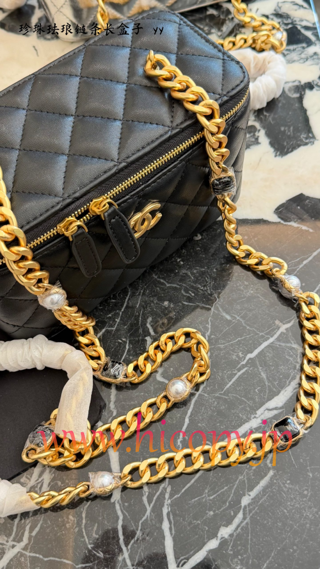 【CHANEL】シャネル ヴィンテージスタイル ボックス型 バニティケース 黒 ラムスキン エナメル＆パール チェーンストラップ 鏡付き 2WAYショルダーバッグ AP2199B24565UC160