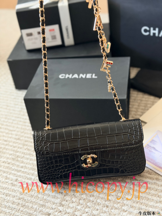 【CHANEL】シャネル タイムレス クラシック フラップ バッグ ブラック クロコ型押し ゴールド チャームチェーン (公式型番: AS2211B04900C3947)