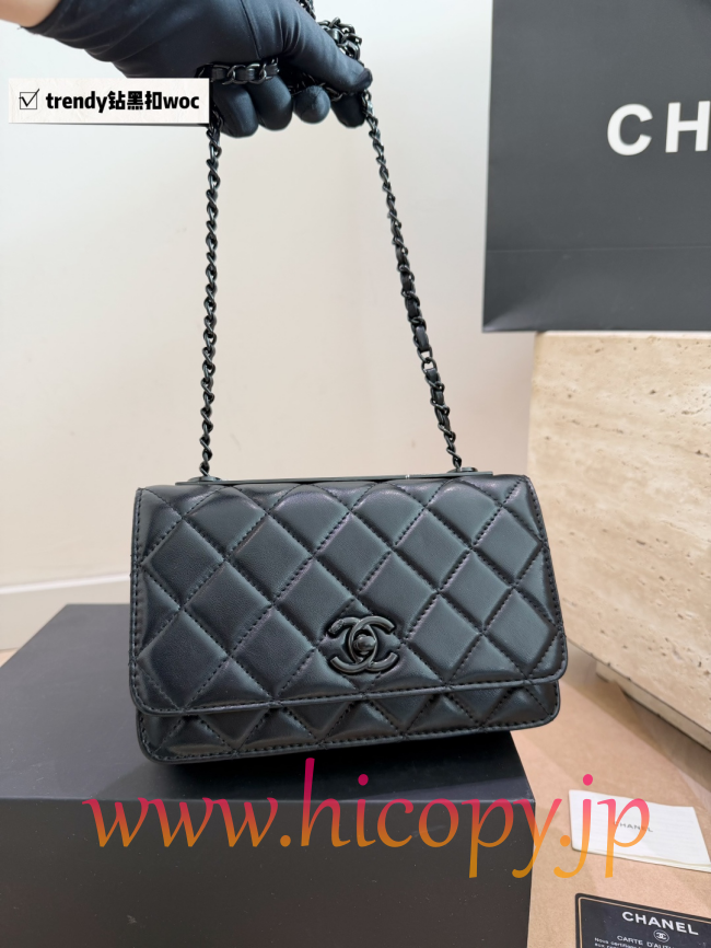 【CHANEL】シャネル ウォレット オン チェーン (WOC) ソーブラック ブラッククリスタル留め キルティング レザー ショルダーバッグ (公式型番: AS1911B04900C3947)