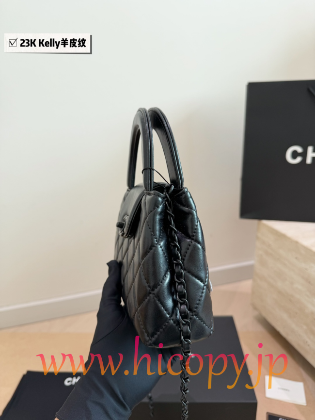 【CHANEL】シャネル 23K ケリー ハンドル チェーン バッグ ミニ ソーブラック オイルワックスレザー キルティング 2WAY (公式型番: AS1913B04900C3947)