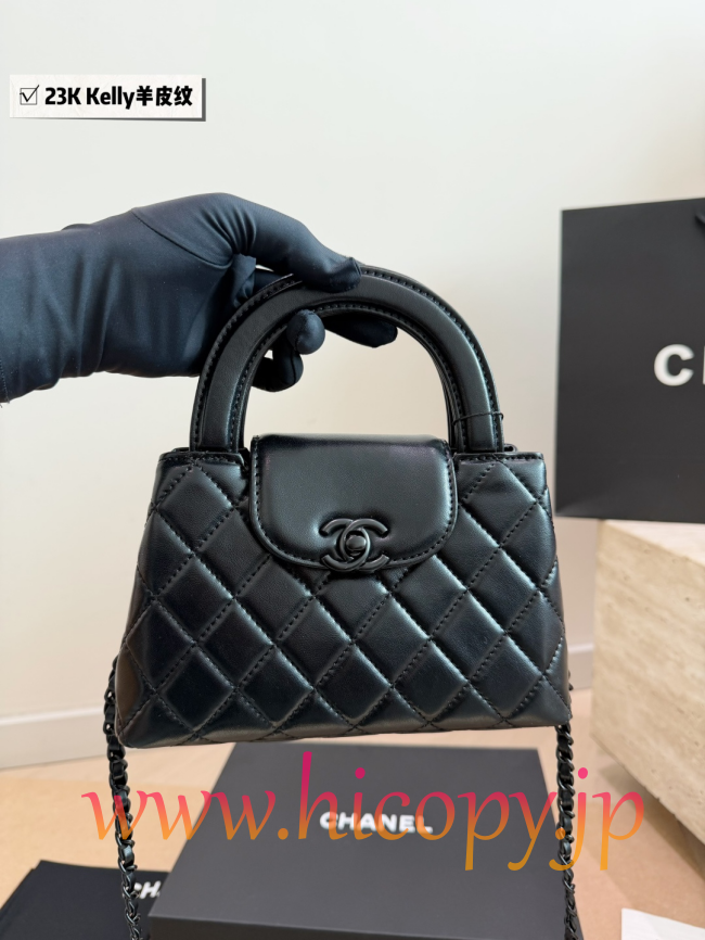 【CHANEL】シャネル 23K ケリー ハンドル チェーン バッグ ミニ ソーブラック オイルワックスレザー キルティング 2WAY (公式型番: AS1913B04900C3947)
