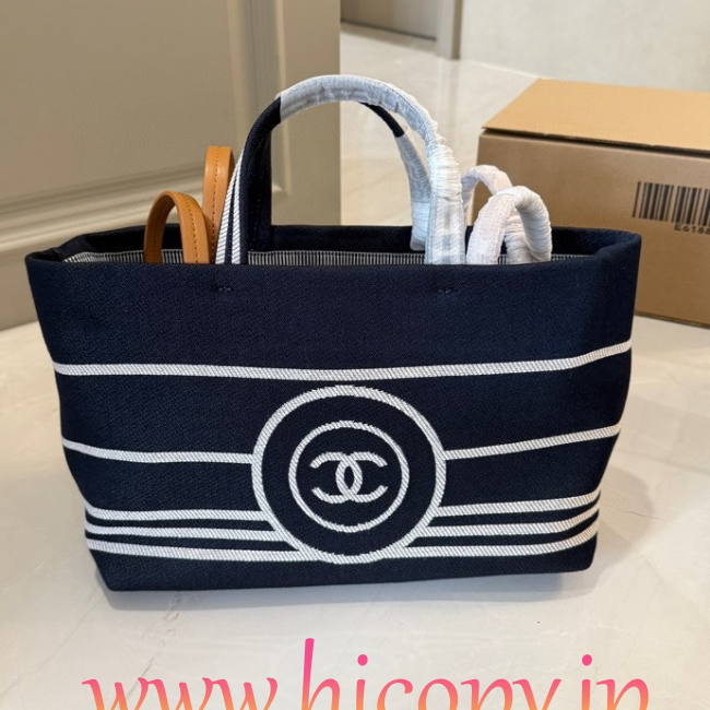 【CHANEL】シャネル ヴィンテージ キャンバス トートバッグ ネイビー×ホワイト ボーダー CCロゴ 30cm 2WAY (公式型番: VINTAGE-CC-TOTE-NAVY-WHITE-30CM)