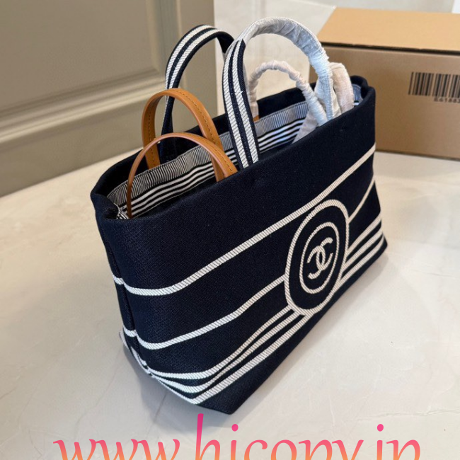 【CHANEL】シャネル ヴィンテージ キャンバス トートバッグ ネイビー×ホワイト ボーダー CCロゴ 30cm 2WAY (公式型番: VINTAGE-CC-TOTE-NAVY-WHITE-30CM)