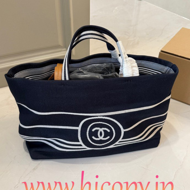 【CHANEL】シャネル ヴィンテージ キャンバス トートバッグ ラージ ネイビー×ホワイト ボーダー CCロゴ 36cm 2WAY (公式型番: VINTAGE-CC-TOTE-LARGE-NAVY-WHITE-36CM)