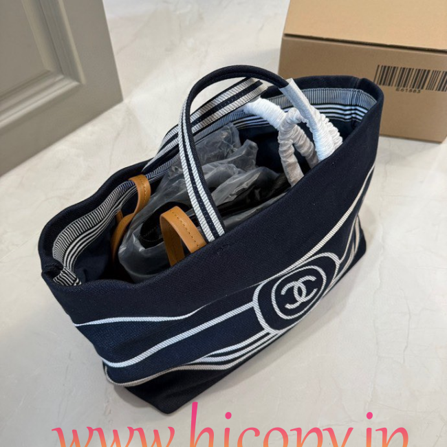 【CHANEL】シャネル ヴィンテージ キャンバス トートバッグ ラージ ネイビー×ホワイト ボーダー CCロゴ 36cm 2WAY (公式型番: VINTAGE-CC-TOTE-LARGE-NAVY-WHITE-36CM)
