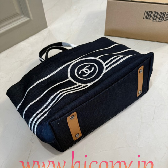 【CHANEL】シャネル ヴィンテージ キャンバス トートバッグ ラージ ネイビー×ホワイト ボーダー CCロゴ 36cm 2WAY (公式型番: VINTAGE-CC-TOTE-LARGE-NAVY-WHITE-36CM)