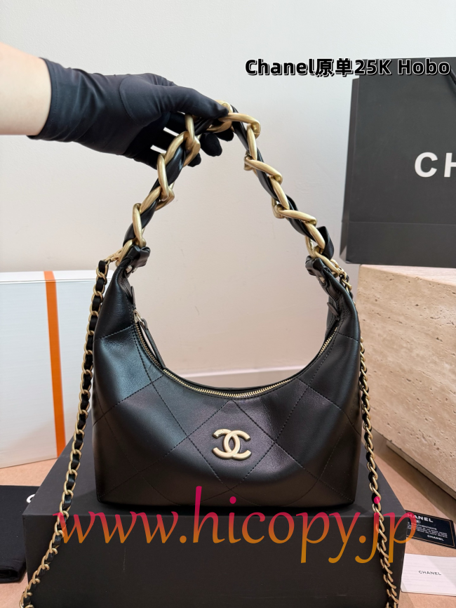 【CHANEL】シャネル 25K Hobo バッグ ブラック ラムスキン ゴールド金具 2WAY ショルダーバッグ (公式型番: CHANEL-25K-HOBO-BLACK-GOLD-25CM)