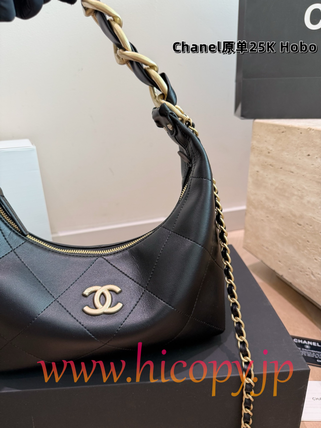 【CHANEL】シャネル 25K Hobo バッグ ブラック ラムスキン ゴールド金具 2WAY ショルダーバッグ (公式型番: CHANEL-25K-HOBO-BLACK-GOLD-25CM)