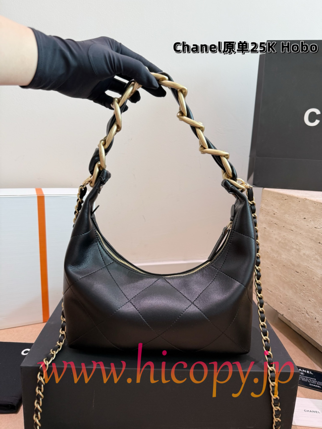 【CHANEL】シャネル 25K Hobo バッグ ブラック ラムスキン ゴールド金具 2WAY ショルダーバッグ (公式型番: CHANEL-25K-HOBO-BLACK-GOLD-25CM)