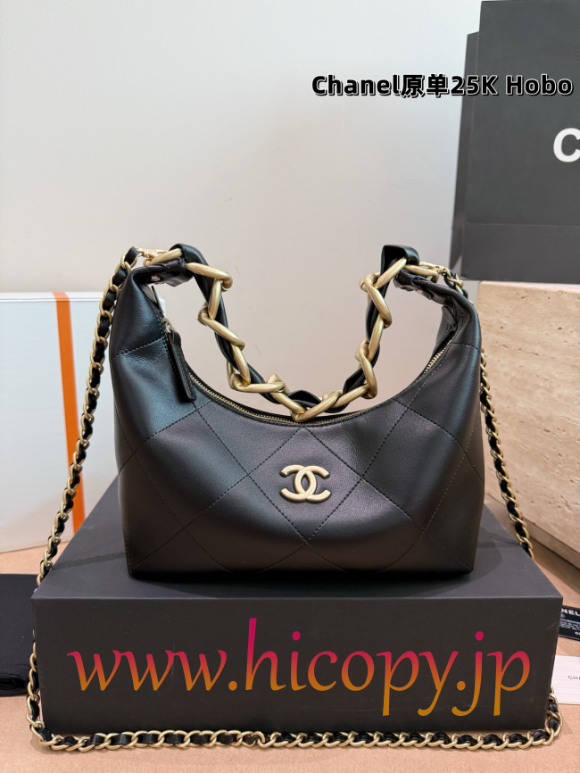 【CHANEL】シャネル 25K Hobo バッグ ブラック ラムスキン ゴールド金具 2WAY ショルダーバッグ (公式型番: CHANEL-25K-HOBO-BLACK-GOLD-25CM)