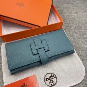 HERMES エルメス H型バックル 二つ折り長財布 牛革 ブルー 003