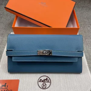 HERMES エルメス ケリーウォレットロング 長財布 牛革 ブルー 073