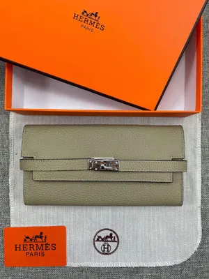 HERMES エルメス ケリーウォレットロング 長財布 牛革 ライトグレー 082