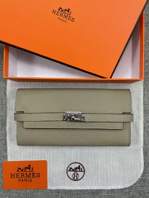HERMES エルメス ケリーウォレットロング 長財布 牛革 ライトグレー 090