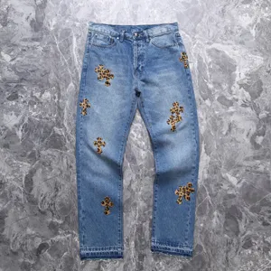 Chrome Hearts CH リミテッドエディション ブルーストライプ ファー＆レザークロス ジーンズ（Chrome Hearts 110）