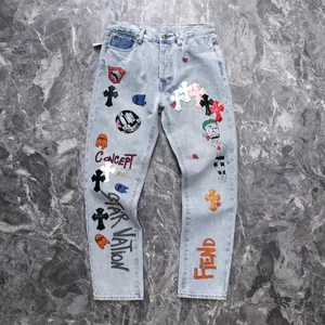Chrome Hearts CH リミテッドエディション ハンドペイント グラフィティ レザークロス ジーンズ ライトブルー（Chrome Hearts 109）