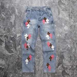 Chrome Hearts CH リミテッドエディション レザークロス ハイストリート レトロストレートジーンズ ライトブルー（Chrome Hearts 108）