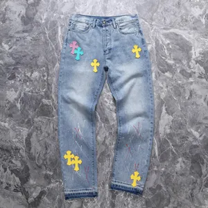 Chrome Hearts CH限定版 ハンドペイント インクスプラッシュカラー レザークロスジーンズ ライトブルー（Chrome Hearts 107）