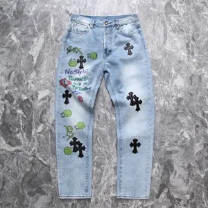Chrome Hearts CH限定版 ハンドペイント グラフィティ レザークロスジーンズ ライトブルー（Chrome Hearts 104）