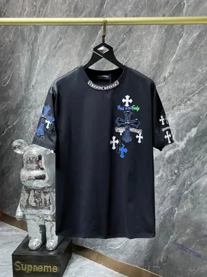 Chrome Hearts 25ss クロス サンスクリット パッチワーク レザー オーバーラップ メタル 半袖Tシャツ ブラック（Chrome Hearts 156）