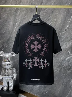 Chrome Hearts 25SS ヘビーデューティー ホットドリル加工 ホースシュー サンスクリット文字 クロス 半袖Tシャツ ブラック（Chrome Hearts 134）