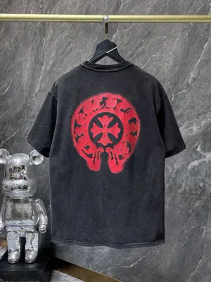 Chrome Hearts 25ss ホースシュー サンスクリット 温度変化プリント ラウンドネック ウォッシュ加工 ダメージ加工 半袖Tシャツ ブラック（Chrome Hearts 117）