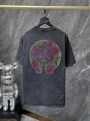 Chrome Hearts 25ss ホースシュー サンスクリット 温度変化プリント ラウンドネック ウォッシュ加工 ダメージ加工 半袖Tシャツ ブラック（Chrome Hearts 116）
