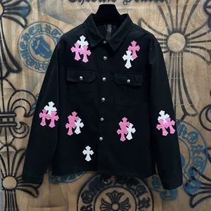 Chrome Hearts 高級レザーパッチワークデニムジャケット ブラック ユニセックス（Chrome Hearts 193）